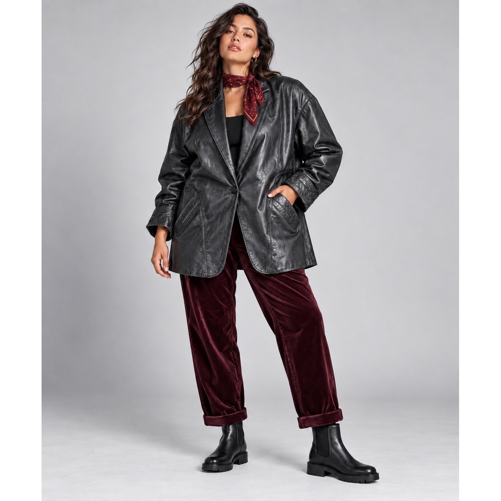 Cedars Woman Vintage Black Leather Oversized Blazer Jacket Plus Size 2X HK